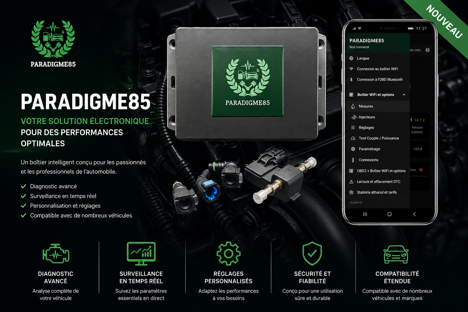Boîtier ParadigmE85 et application smartphone de diagnostic